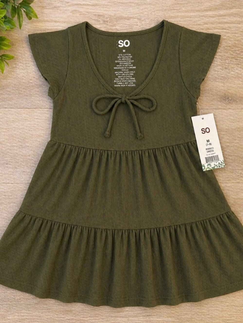 NWT SO Womens Medium Olive Green Tiered Mini Dress Ribbed Tie Front Boho Y2K - Picture 3 of 7